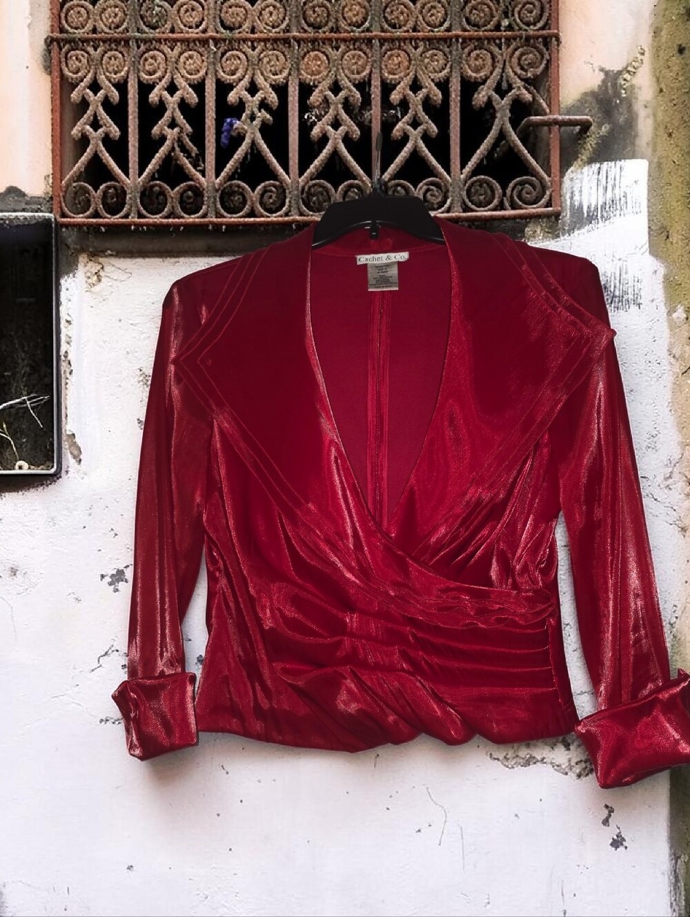 Cachet Red Velvet-Look Wrap Blouse